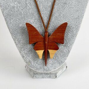 Vintage 1970's Wooden Butterfly Long Boho Hippie Necklace Leather Strap Bohemian
